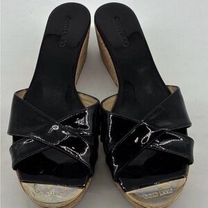 Jimmy Choo Black Patent Criss Cross Cork Wedge Platform Sandals